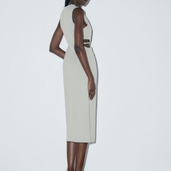 NWT Zara Pearl Gray Cut Out Waist Midi Dress, Size S - Picture 2 of 7